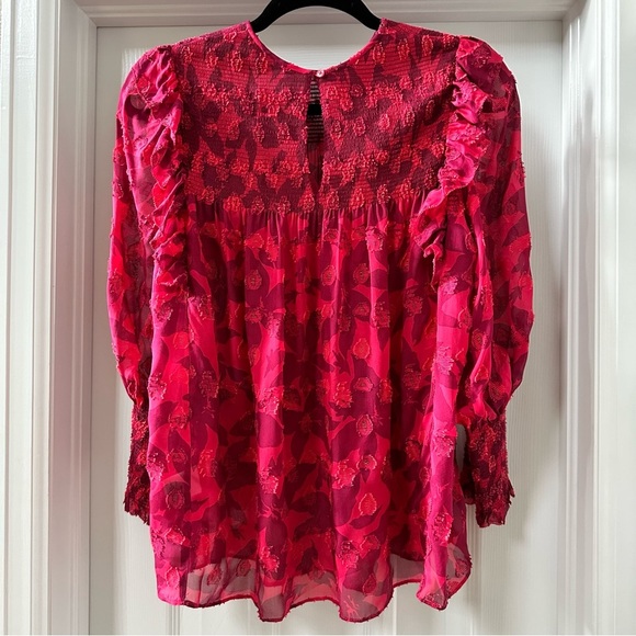 Joie Jamila Red Punk Silk Blouse Top Hibiscus Semi Sheer Size Small - Picture 10 of 14